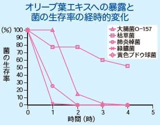 オリーブ葉エキスへの暴露と菌の生存率の経時的変化